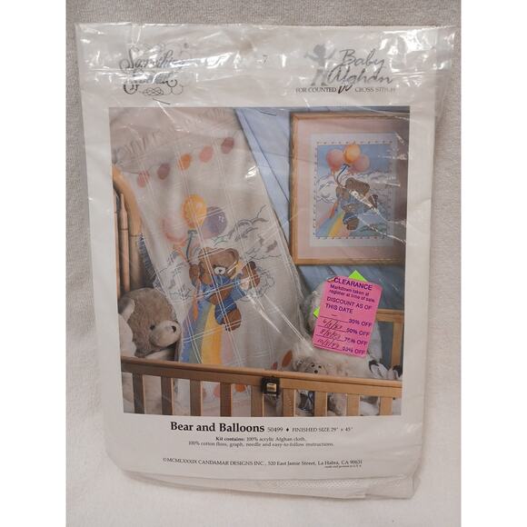 1980 Kit Counted Crossstitch Baby Afghan Something Special Bear Balloons 50499 - Picture 1 of 8